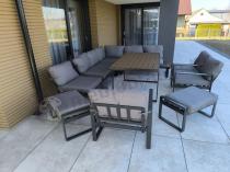 Aranżacja: Duży nowoczesny narożnik na taras z fotelami i pufami Panaon Corner XXL - Grey Teak