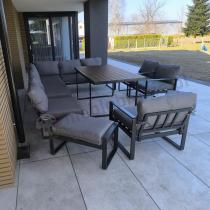 Aranżacja: Duży nowoczesny narożnik na taras z fotelami i pufami Panaon Corner XXL - Grey Teak