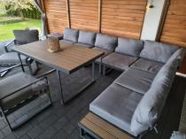 Aranżacja: Duży nowoczesny narożnik na taras z fotelami i pufami Panaon Corner XXL - Grey Teak