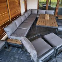 Aranżacja: Duży nowoczesny narożnik na taras z fotelami i pufami Panaon Corner XXL - Grey Teak