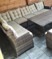 Aranżacja: Elegancki zestaw technorattanowy z narożnikiem, fotelami i pufami dla 11 osób Fiorento Corner XL - Brown
