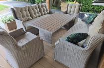 Aranżacja: Eleganckie meble technorattanowe dla 8 osób Fiorento - 2 sofy, 2 fotele i duży stół polywood - Beige