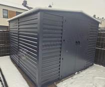 Aranżacja: Grafitowa szopa ogrodowa z grubszej blachy Dettel Plus 300x300x205cm - drzwi na zawiasach - Antracite A16