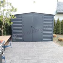 Aranżacja: Grafitowa szopa ogrodowa z grubszej blachy Dettel Plus 300x300x205cm - drzwi na zawiasach - Antracite A16