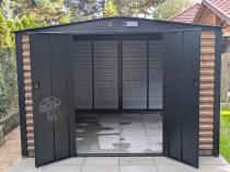Aranżacja: Grafitowa szopa ogrodowa z grubszej blachy Dettel Plus 300x360x205cm - drzwi na zawiasach - Wooden