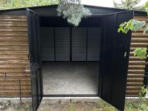 Aranżacja: Grafitowa szopa ogrodowa z grubszej blachy Dettel Plus 360x360x205cm - drzwi na zawiasach - Wooden