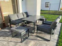 Aranżacja: Grafitowe meble do ogrodu dla 7 osób - sofa 175cm, 2 fotele i 2 pufy - Panaon Dining DG