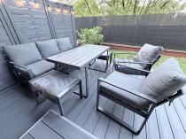 Aranżacja: Grafitowe meble do ogrodu dla 7 osób - sofa 175cm, 2 fotele i 2 pufy - Panaon Dining DG