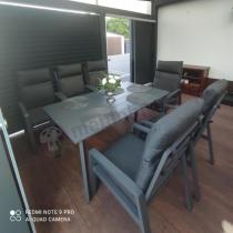 Aranżacja: Grafitowe meble obiadowe na taras - stół 150cm + 6 foteli - Renalo Dining 6+1