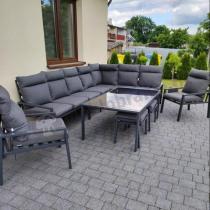 Aranżacja: Grafitowe nowoczesne meble tarasowe dla 10 osób Doros Corner XXL narożnik z 2 fotelami i 2 pufami - Dark Grey