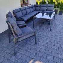 Aranżacja: Grafitowe nowoczesne meble tarasowe dla 10 osób Doros Corner XXL narożnik z 2 fotelami i 2 pufami - Dark Grey