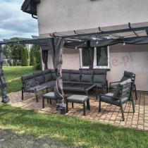 Aranżacja: Grafitowe nowoczesne meble tarasowe dla 10 osób Doros Corner XXL narożnik z 2 fotelami i 2 pufami - Dark Grey