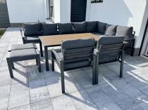 Aranżacja: Grafitowe nowoczesne meble tarasowe dla 10 osób Sodor Corner XXL narożnik z 2 fotelami i 2 pufami - Dark Grey Polywoo
