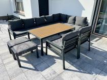 Aranżacja: Grafitowe nowoczesne meble tarasowe dla 10 osób Sodor Corner XXL narożnik z 2 fotelami i 2 pufami - Dark Grey Polywoo
