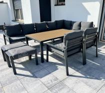 Aranżacja: Grafitowe nowoczesne meble tarasowe dla 10 osób Sodor Corner XXL narożnik z 2 fotelami i 2 pufami - Dark Grey Polywoo
