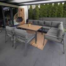 Aranżacja: Grafitowe nowoczesne meble tarasowe dla 10 osób Sodor Corner XXL narożnik z 2 fotelami i 2 pufami - Dark Grey Polywoo