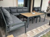 Aranżacja: Grafitowe nowoczesne meble tarasowe dla 11 osób Doros Corner XXL narożnik z 2 fotelami i 2 pufami - Polywood Dark Gre