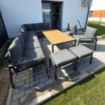 Aranżacja: Grafitowe nowoczesne meble tarasowe dla 11 osób Sodor Corner XXL narożnik z 2 fotelami i 2 pufami - Dark Grey Polywoo
