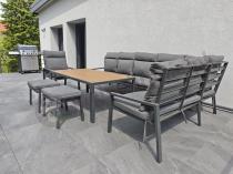 Aranżacja: Grafitowy narożnik ogrodowy 184x294cm modułowy ze stołem obiadowym i fotelem Doros Corner XXL - Polywood Dark Grey