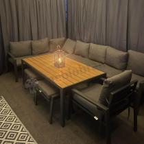 Aranżacja: Grafitowy narożnik ogrodowy 184x294cm modułowy ze stołem obiadowym i fotelem Sodor Corner XXL - Dark Grey Polywood