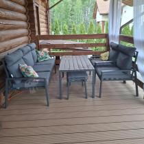 Aranżacja: Grafitowy zestaw mebli metalowych na taras Doros Dining + pufy wysokie oparcie - Polywood Dark Grey