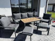 Aranżacja: Grafitowy zestaw mebli metalowych na taras Sodor Dining + pufy - Dark Grey Polywood