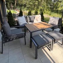 Aranżacja: Grafitowy zestaw mebli metalowych na taras Sodor Dining + pufy - Dark Grey Polywood