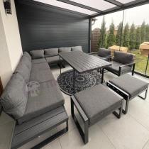 Aranżacja: Grafitowy zestaw mebli na taras - narożnik modułowy, wysoki stół, fotele i pufy - Panaon Corner XXL - DG
