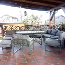 Aranżacja: Grafitowy zestaw mebli na taras - narożnik modułowy, wysoki stół, fotele i pufy - Panaon Corner XXL - DG