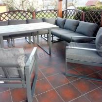 Aranżacja: Grafitowy zestaw mebli na taras - narożnik modułowy, wysoki stół, fotele i pufy - Panaon Corner XXL - DG