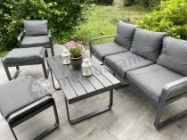Aranżacja: Grafitowy zestaw mebli na taras - sofa 175cm, 2 fotele i 2 pufy - Panaon Dining DG