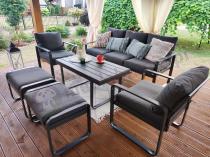 Aranżacja: Grafitowy zestaw mebli na taras - sofa 175cm, 2 fotele i 2 pufy - Panaon Dining DG