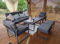 Aranżacja: Grafitowy zestaw mebli na taras - sofa 175cm, 2 fotele i 2 pufy - Panaon Dining DG