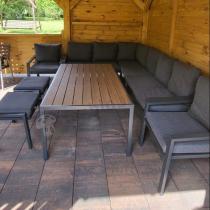 Aranżacja: Grafitowy zestaw mebli ogrodowych z narożnikiem i dwoma fotelami Sodor Corner XL - Dark Grey Polywood