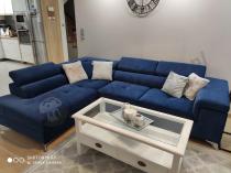 Aranżacja: Granatowy welurowy matowy narożnik z regulowanymi zagłówkami Eridano 275x202 cm Matt Velvet 79 lewy