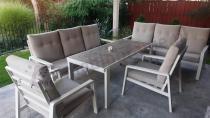 Aranżacja: Komplet mebli na taras dla 8 osób - 2 sofy, 2 fotele i wysoki stół - Tavaro Grande Cream