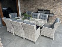 Aranżacja: Komplet mebli obiadowych z technorattanu - stół z nogą X + 8 foteli - Laritto Creme