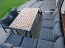 Aranżacja: Komplet mebli ogrodowych z narożnikiem i wysokim stołem 160cm, fotelami i pufami Sodor Corner XL - Dark Grey Polywood