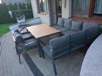 Aranżacja: Komplet mebli ogrodowych z narożnikiem i wysokim stołem 160cm, fotelami i pufami Sodor Corner XL - Dark Grey Polywood