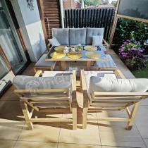 Aranżacja: Komplet mebli ogrodowych z sofą, regulowanymi fotelami i pufami - drewniany - Tavaro Dining Plus Wood
