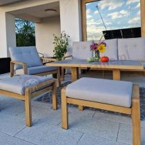 Aranżacja: Komplet mebli ogrodowych z sofą, regulowanymi fotelami i pufami - drewniany - Tavaro Dining Plus Wood