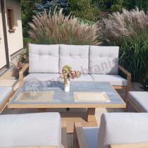 Aranżacja: Komplet mebli ogrodowych z sofą, regulowanymi fotelami i pufami - drewniany - Tavaro Dining Plus Wood