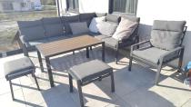 Aranżacja: Komplet ogrodowy metalowy z narożnikiem, fotelem, pufami i stołem teak- Doros Corner XL - Dark Grey