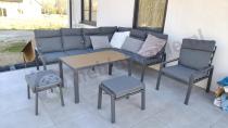 Aranżacja: Komplet ogrodowy metalowy z narożnikiem, fotelem, pufami i stołem teak- Doros Corner XL - Dark Grey