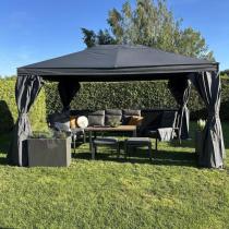 Aranżacja: Komplet ogrodowy metalowy z narożnikiem, fotelem, pufami i stołem teak- Doros Corner XL - Dark Grey