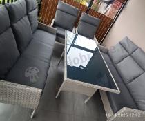 Aranżacja: Komplet z technorattanu z wysokimi oparciami i stołem obiadowym Lirata Grande Grey