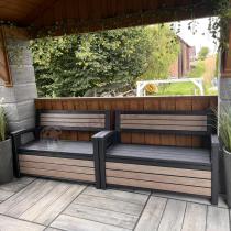Aranżacja: Ławka ogrodowa ze skrzynią schowkiem Keter Signature Deco 227 L Ashwood