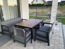 Aranżacja: Meble na taras z tworzywa Scali Combo grafit na 7 osób, stół obiadowy 156cm z blat imitacja drewna