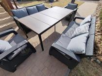 Aranżacja: Meble ogrodowe dla 8 osób, 2 sofy, 2 fotele, stół 200cm z drewnianym blatem Meblobranie CFM Plus grafit + poduszki na