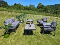 Aranżacja: Meble ogrodowe metalowe - sofa 175cm, fotele, pufy i stolik kawowy - Panaon Dining